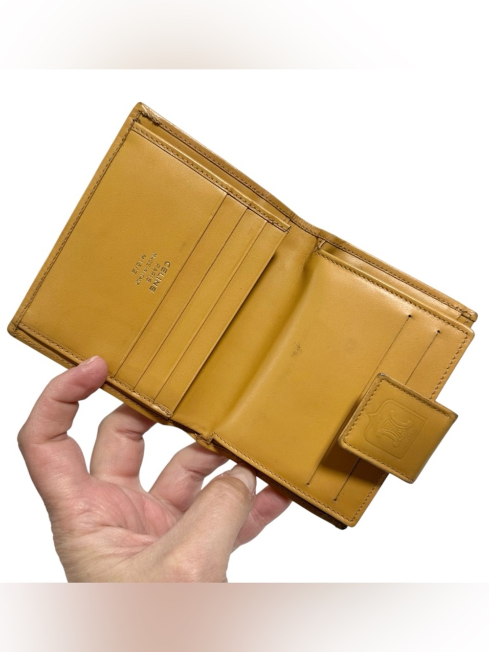 Celine Brown Macadam & Mustard Yellow Leather Compact Kisslock Bifold Wallet - Picture 7 of 14